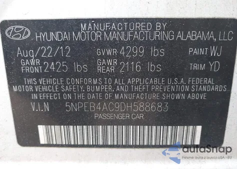 2013 Hyundai Sonata Gls z USA, uszkodzony, nr VIN 5NPEB4AC9DH588683